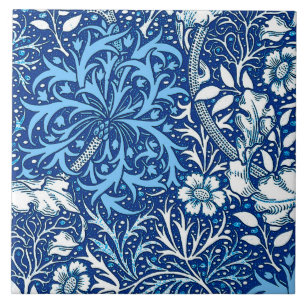 Carreau Algue de Nouveau d'art florale, bleu de cobalt et