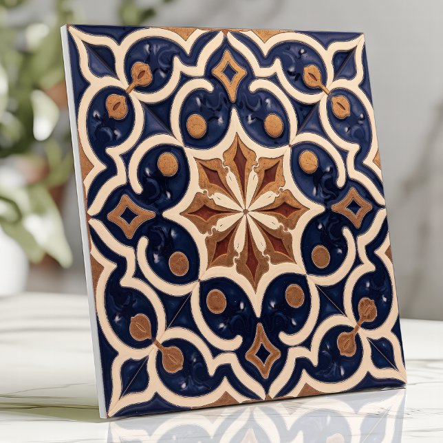 Carreau Alhambra Géométrique Mauresque Bleu Nuit Or (Créateur téléchargé)