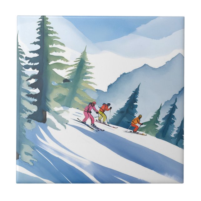 Carreau Allons Ski | Peinture Aquarelle d'Hiver (Devant)