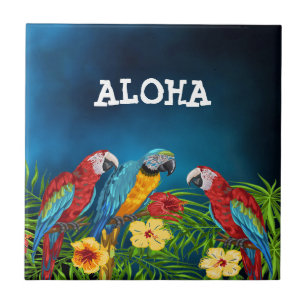 Carreau Aloha tropical bleu ciel perroquets palmiers feuil