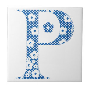 Carreau alphabet de fleurs P (bleu et points)