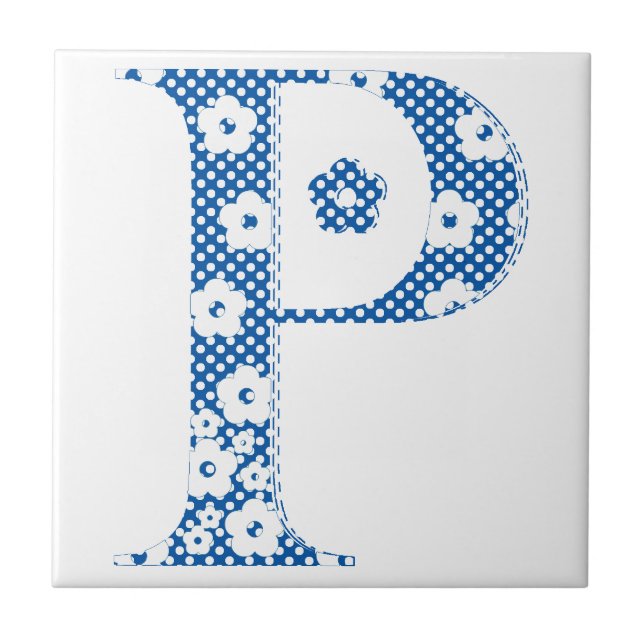 Carreau alphabet de fleurs P (bleu et points) (Devant)
