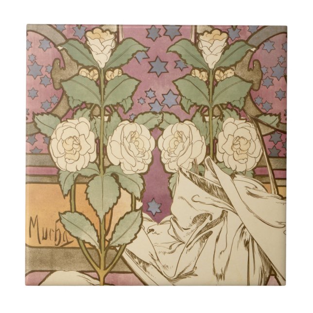 Carreau Alphonse Mucha Elegant Art Nouveau Stars Camellia  (Devant)