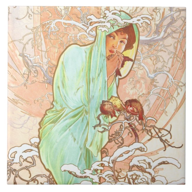 Carreau Alphonse Mucha Hiver Vintage Art Nouveau peinture (Devant)