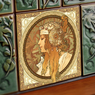 Carreau Alphonse Mucha Portrait femme Art Nouveau Vintage