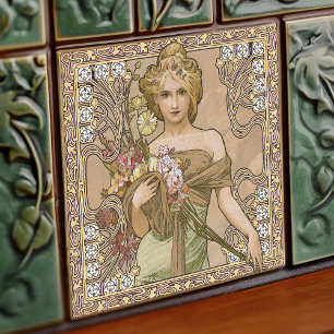 Carreau Alphonse Mucha Printemps 4Saisons Art Nouveau Vint