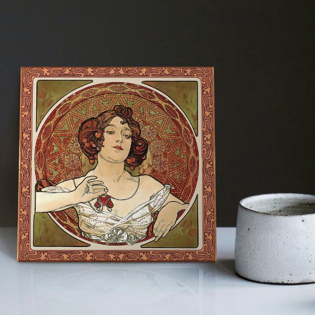 Carreau Alphonse Mucha "Ruby" Art Nouveau Vintage Rouge (Créateur téléchargé)
