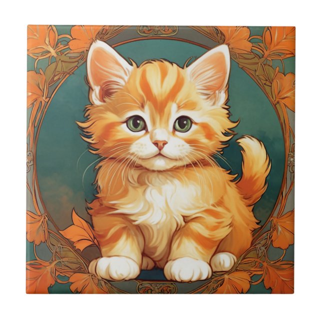 Carreau Alphonse Mucha Style Chat orange (Devant)