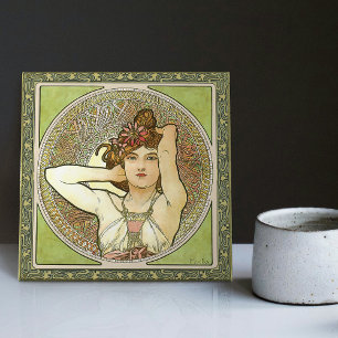 Carreau Alphonse Mucha Vert Améthyste Art Nouveau Vintage