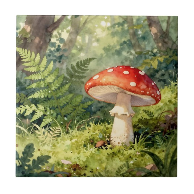 Carreau Amanite tue-mouches rouge scène de forêt à l'aquar (Devant)
