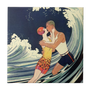 Carreau Amants Art Déco vintage s'embrassant dans les vagu