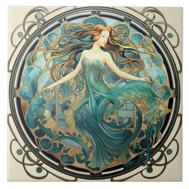 Carreau Ambre et sirène Art Nouveau, Aquamarine et Ambre (Devant)