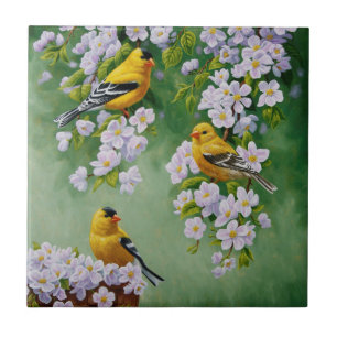 Carreau American Goldfinches & Pink Apple Blossings