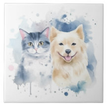 Amis pour toujours - Art aquarelle chien et chat