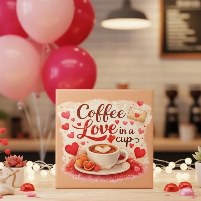Carreau Amour de café dans une tasse Saint-Valentin Brun d (Créateur téléchargé)