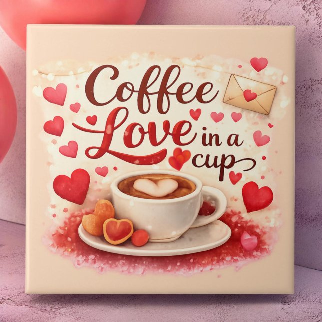 Carreau Amour de café dans une tasse Saint-Valentin Rose t (Créateur téléchargé)