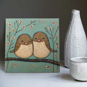 Carreau Amour d'oiseau Art nouveau bleu atténué vintage