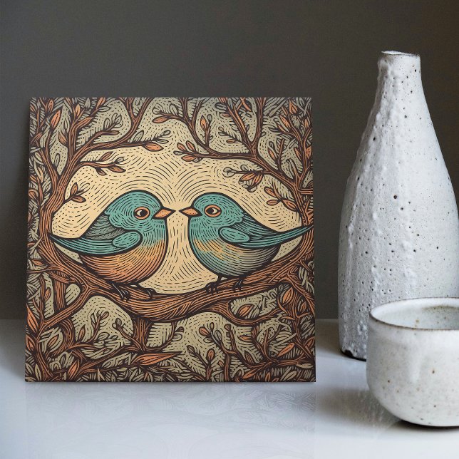 Carreau Amour d'oiseau Vintage Muted Bleu Art Nouveau (Créateur téléchargé)
