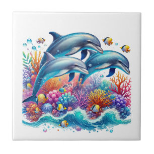 Carreau Amoureux de dauphins de plage mignons 