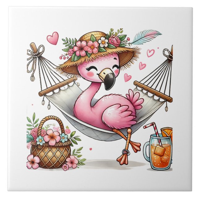 Carreau Amoureux de la plage de flamants roses mignons (Devant)
