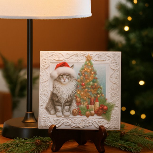 Carreau Amoureux des chats Noël en relief  (Festive ceramic tile with Santa cat and tree perfect for holiday desks, gifts, and cozy décor.)