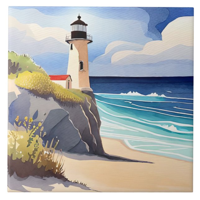 Carreau Amoureux du phare de la plage amusant (Devant)