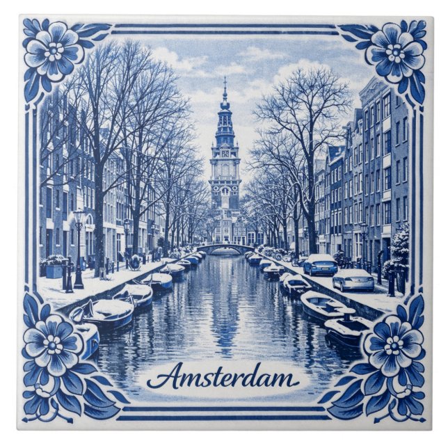Carreau Amsterdam canal winter Delft Blue style tile (Devant)