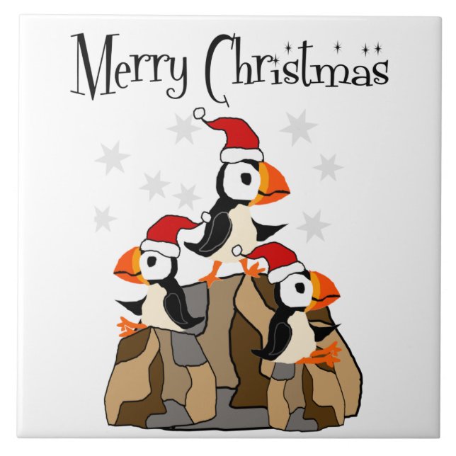 Carreau Amusant Joyeux Noël Puffin Oiseaux et neige (Devant)