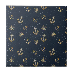 Carreau Ancre d'or nautique et Motif Helm sur bleu