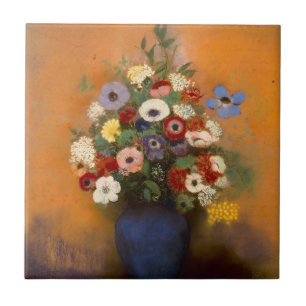 Carreau Anémones vintages et lilas dans un vase bleu