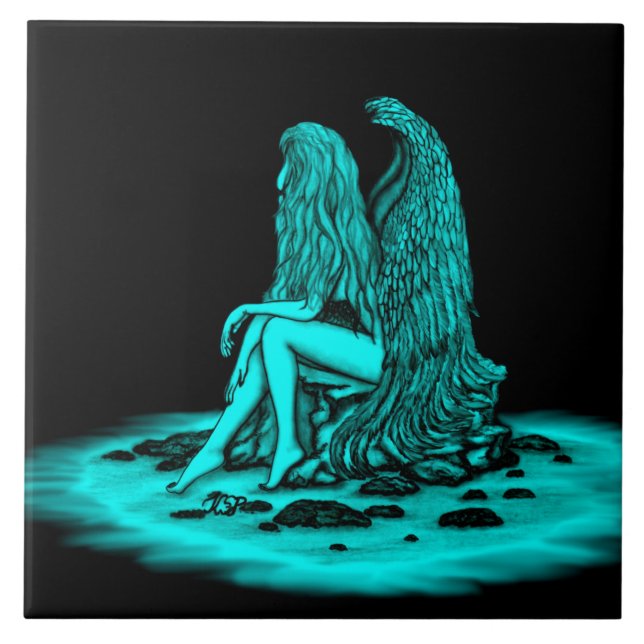 Carreau Angel, perdu dans la pensée, noir et vert Design (Devant)