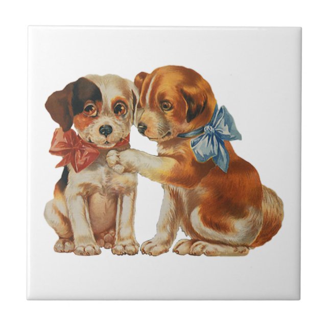 Carreau Animaux de compagnie vintage, chiots d'amour avec  (Devant)