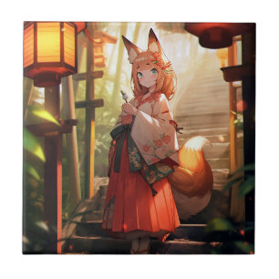 Carreau Anime Kitsune Girl Cute Fox Imaginaire Art