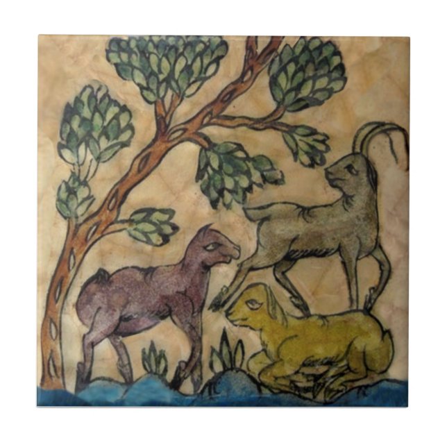 Carreau Antelope Animal Family Antique HP Persian Repro (Devant)