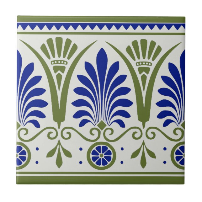Carreau Antique Bleu Vert Palmette Deco Bordure Tile Repro (Devant)