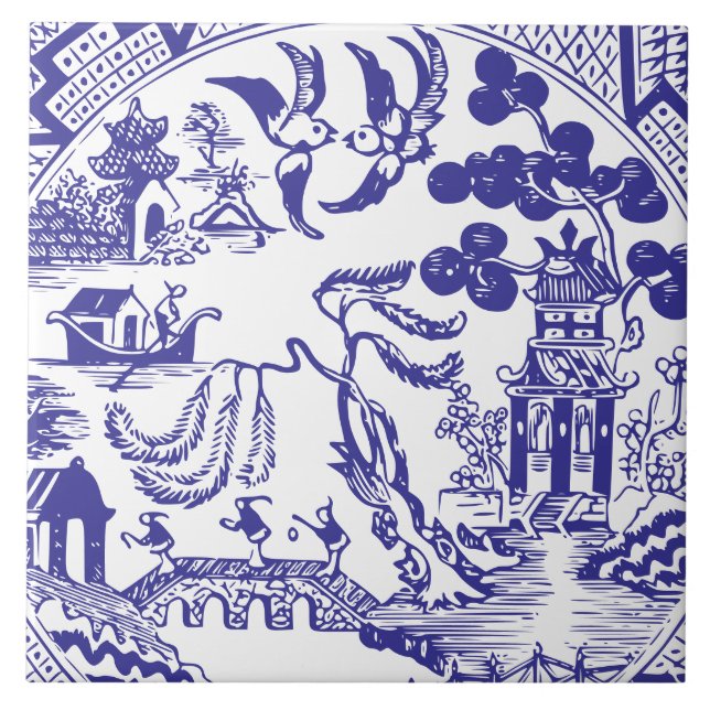 Carreau Antique Blue Willow China Pattern Vintage (Devant)
