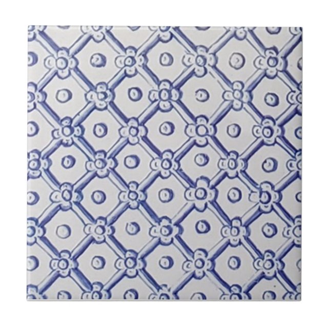Carreau Antique Delft Tile Bleu et Trellis blanc (Devant)