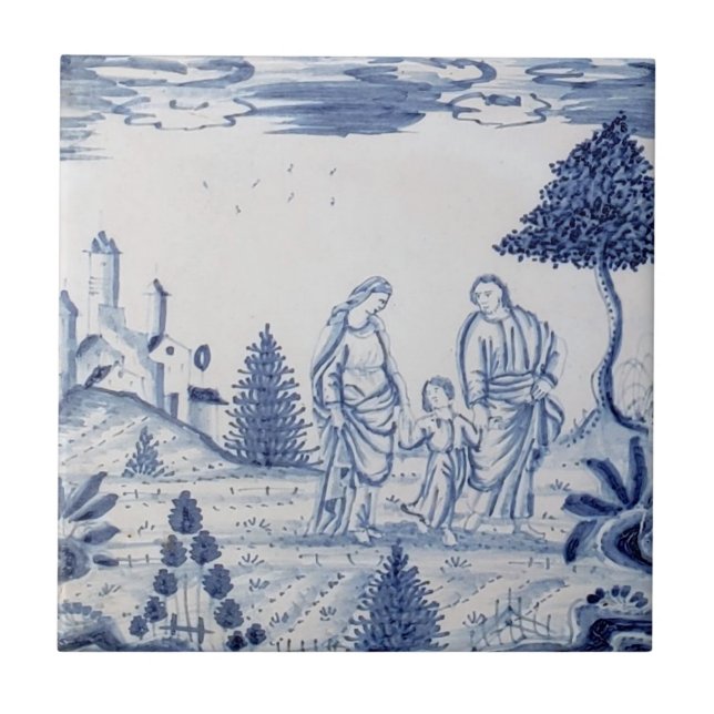 Carreau Antique Delft Tile-Pastoral Scène-Bleu & Blanc-12 (Devant)