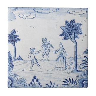 Carreau Antique Delft Tile-Pastoral Scène-Bleu & Blanc-14