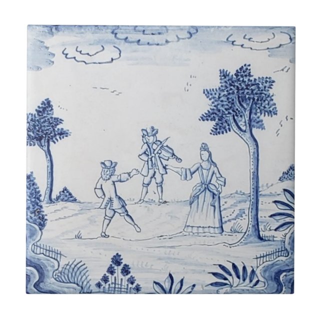Carreau Antique Delft Tile-Pastoral Scène-Bleu & Blanc-14 (Devant)