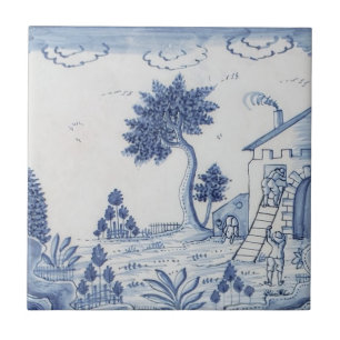 Carreau Antique Delft Tile-Pastoral Scène-Bleu & Blanc-17
