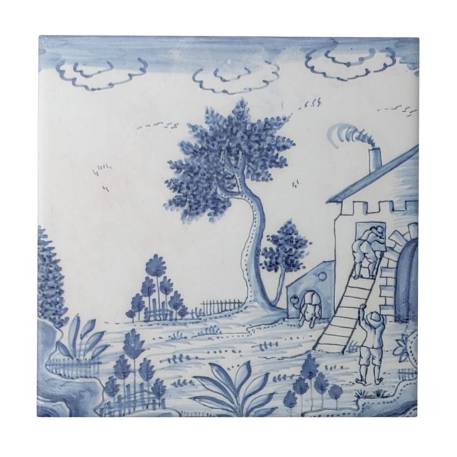 Carreau Antique Delft Tile-Pastoral Scène-Bleu & Blanc-17 (Devant)