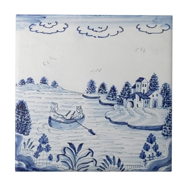 Carreau Antique Delft Tile-Pastoral Scène-Bleu & Blanc-20 (Devant)