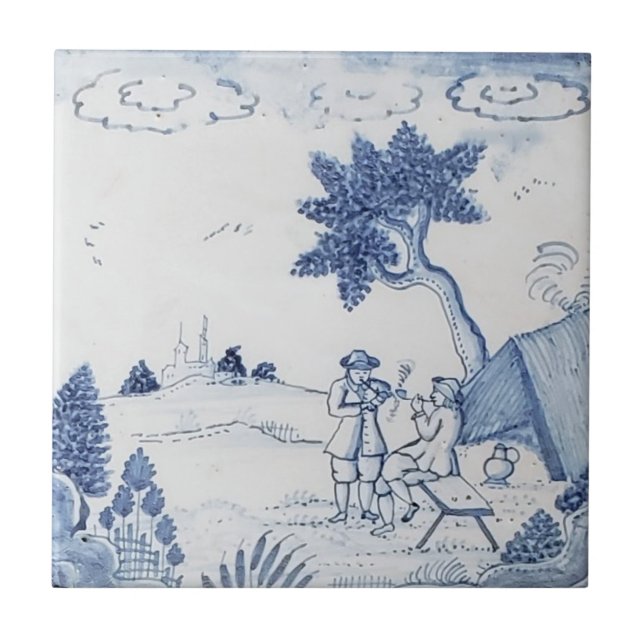 Carreau Antique Delft Tile-Pastoral Scène-Bleu & Blanc-21 (Devant)