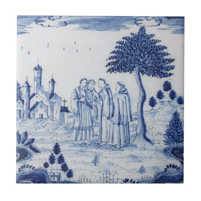 Carreau Antique Delft Tile-Pastoral Scène-Bleu & Blanc-3 (Devant)
