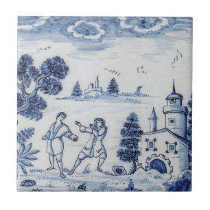 Carreau Antique Delft Tile-Pastoral Scène-Bleu & Blanc-4