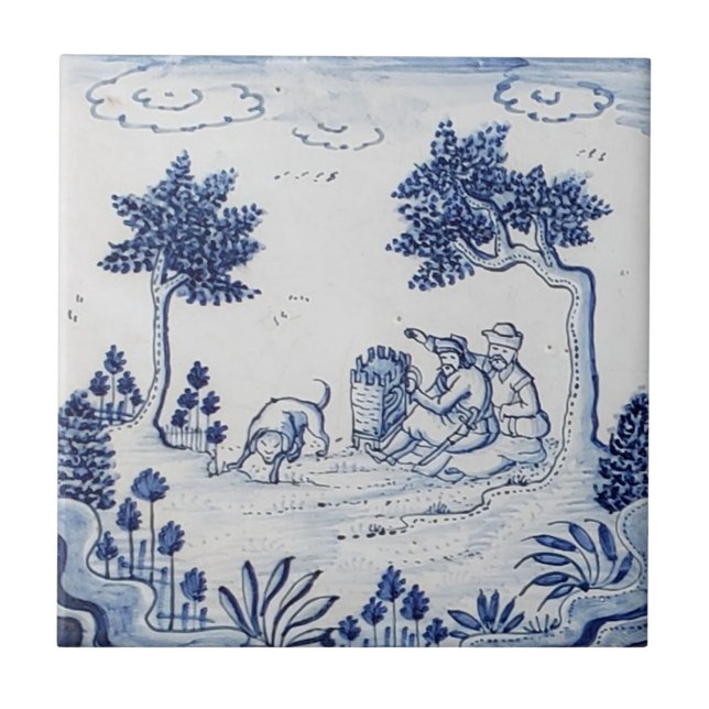 Carreau Antique Delft Tile-Pastoral Scène-Bleu & Blanc-6 (Devant)
