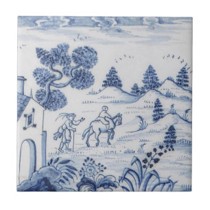 Carreau Antique Delft Tile-Pastoral Scène-Bleu & Blanc-8