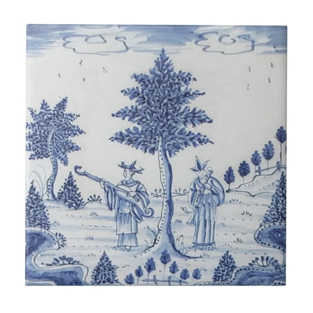 Carreau Antique Delft Tile-Pastoral Scene-Blue & White-15 (Devant)