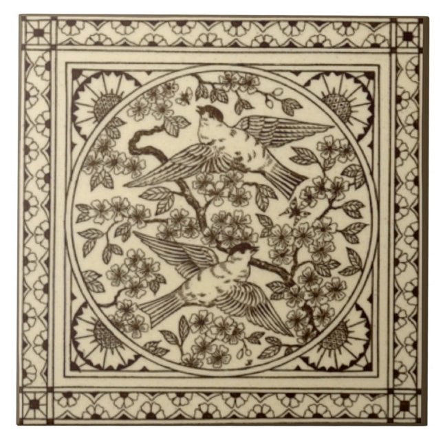 Carreau Antique Esthétique Japonaise Sepia Bird Tile Repro (Devant)